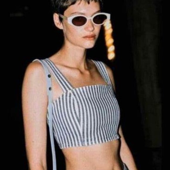 ZARA denim striped Bralette Crop Top wide straps Railroad Grunge Fairy Preppy L - Picture 1 of 10